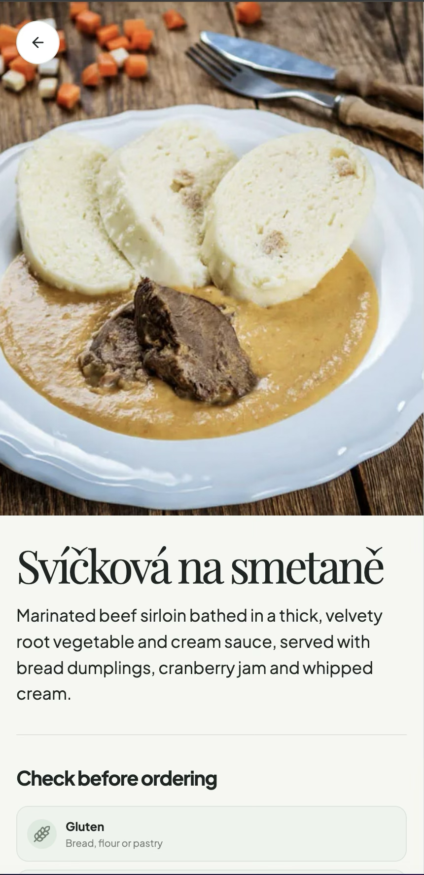 Czech Table dish detail with ingredients and allergy information
