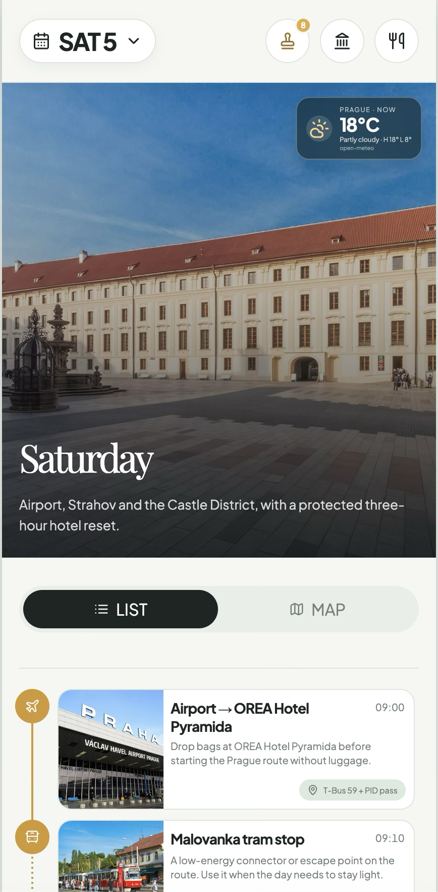 Prague itinerary app home screen showing Saturday's route and current weather