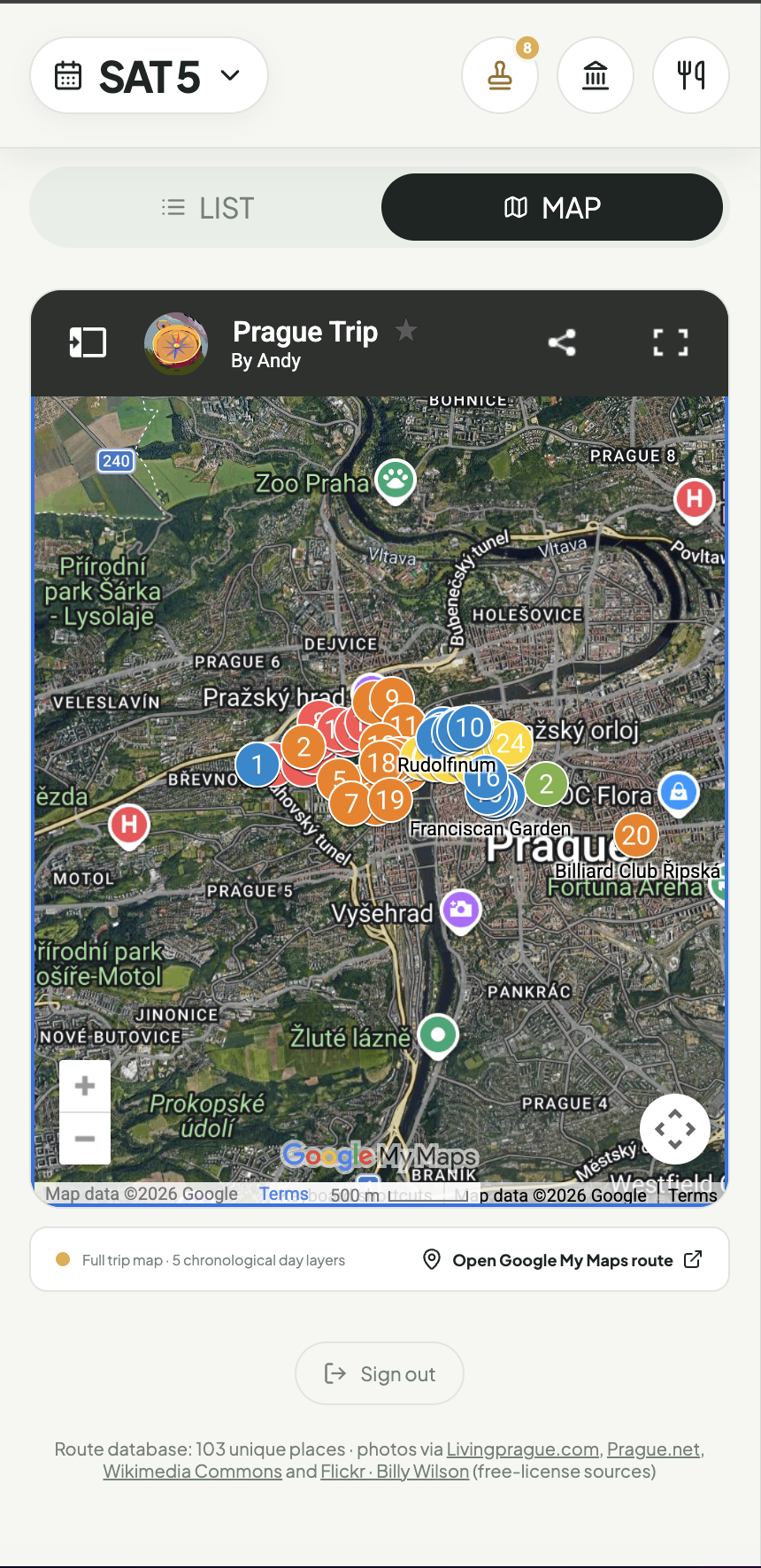 Google My Maps view showing the Prague trip route and numbered places