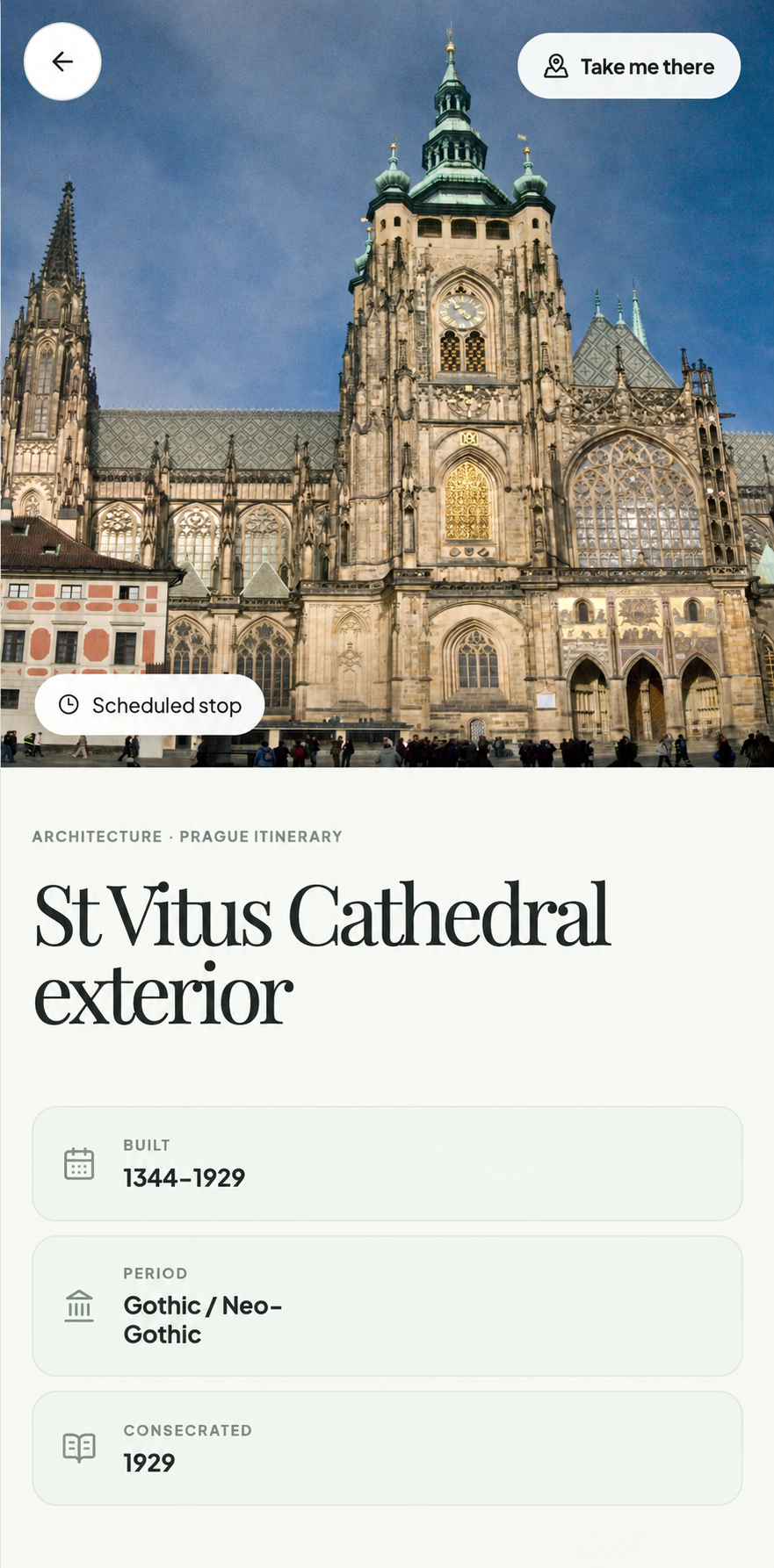 Full St Vitus Cathedral detail screen with built, period and consecrated information