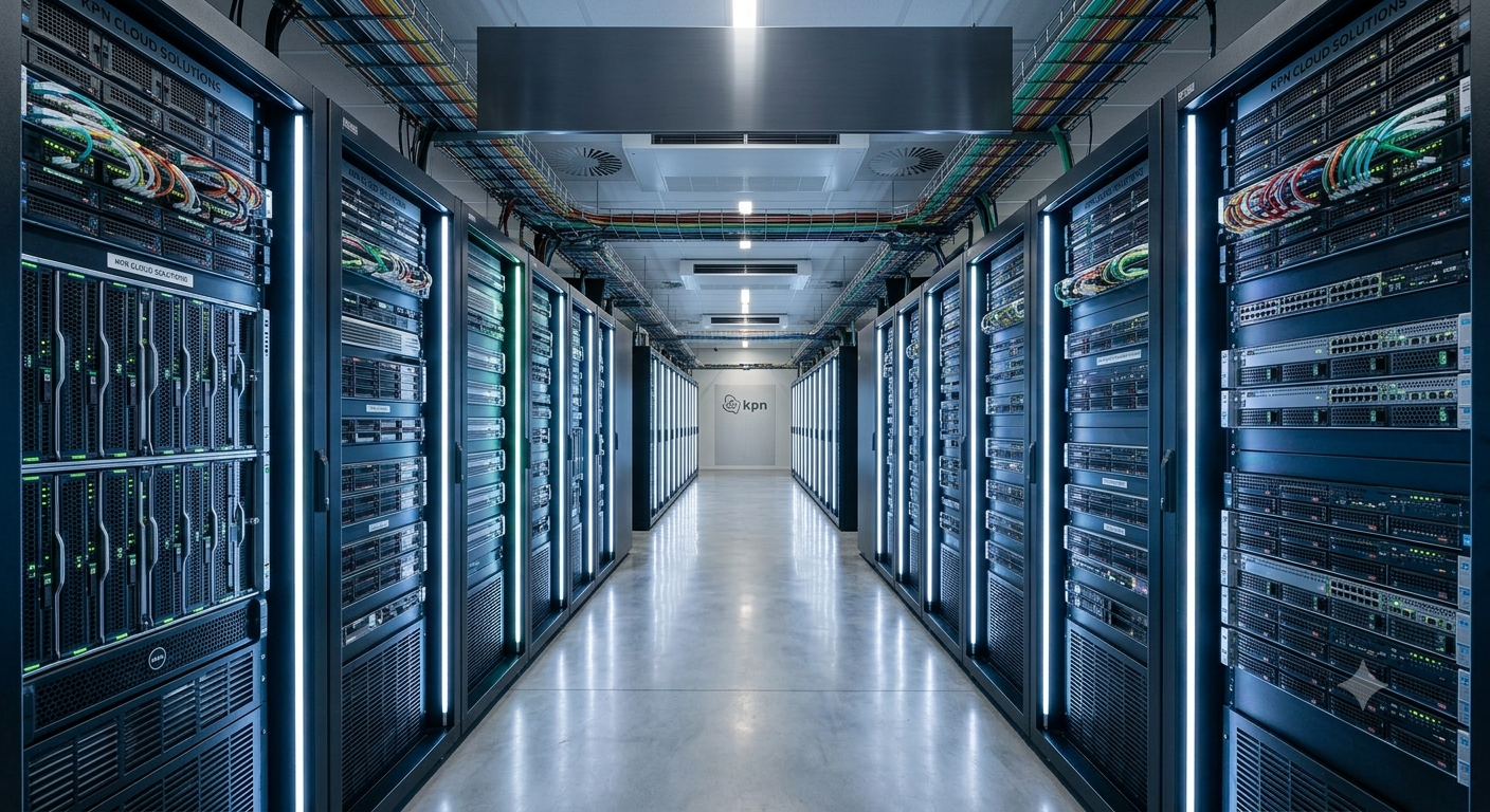 A generated data-center aisle receding between server racks