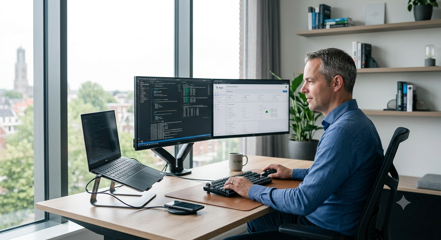 A generated engineer at a multi-monitor technical workspace