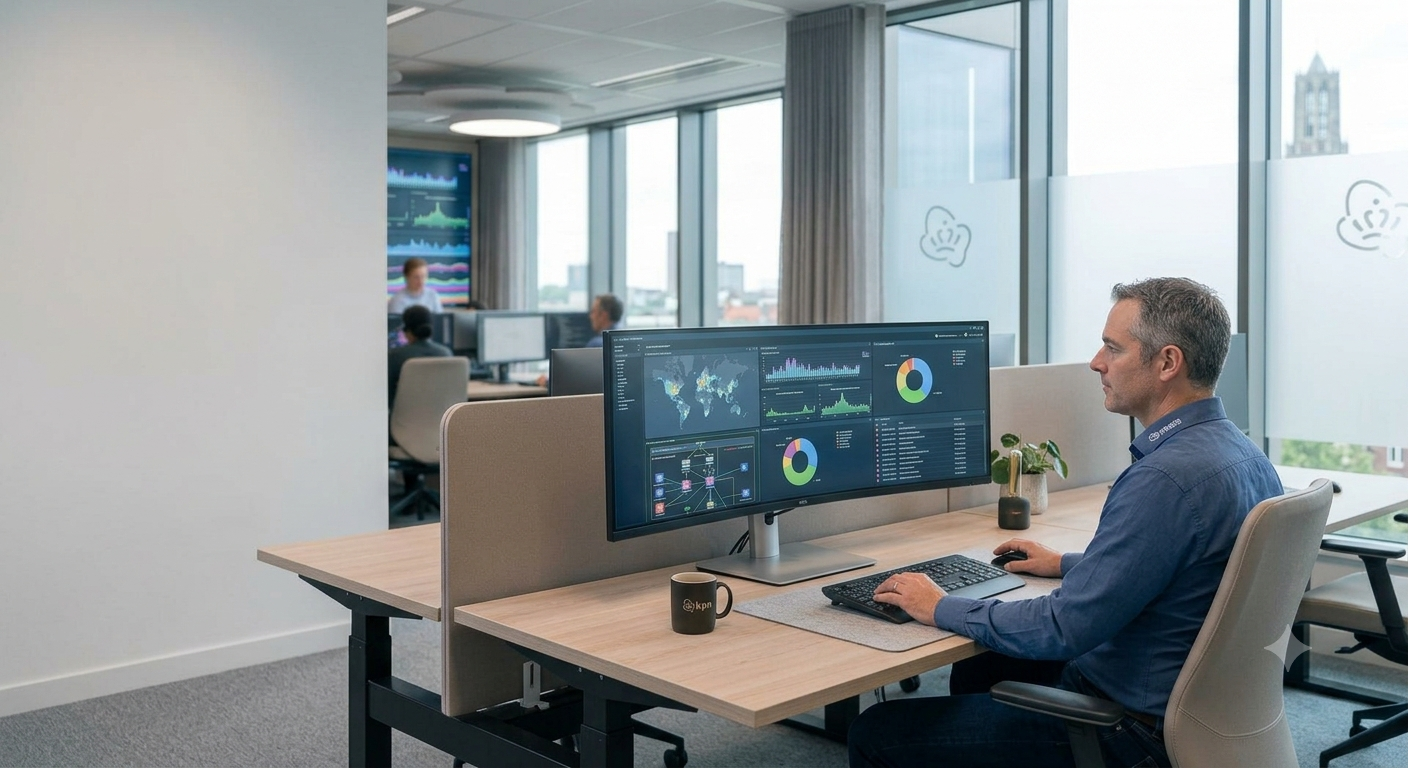A generated open-plan office desk, lit cool, in the Veeam photographic style