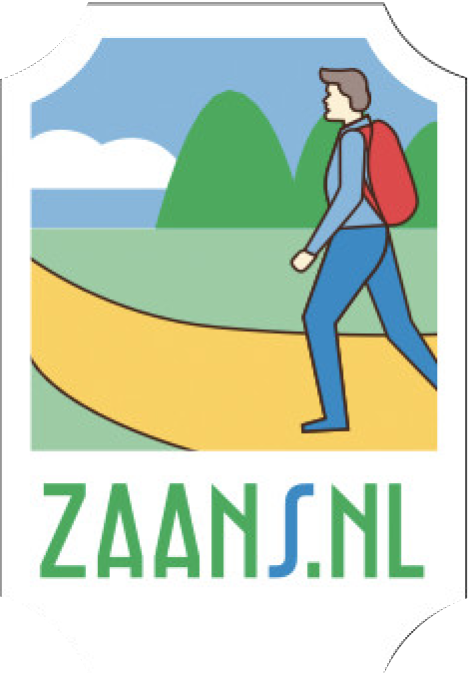 Zaans.nl label illustration of a hiker with a backpack on a path near mountains
